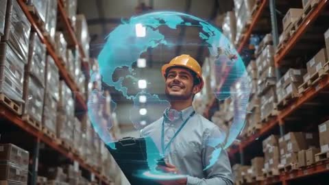 Man in Hard Hat Interacting with Holographic Global Package System
