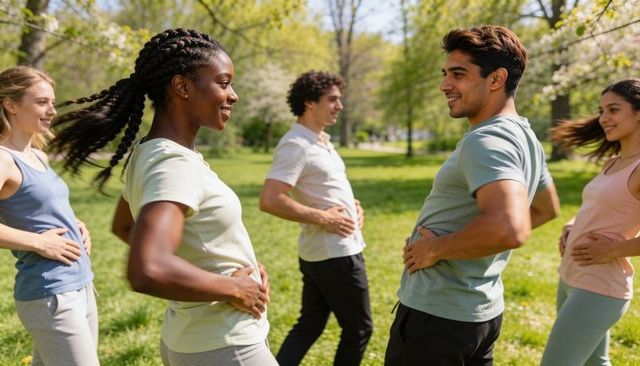 Diverse group doing outdoor warmup and stretching in sunlit park for active lifestyle