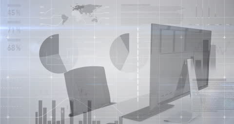 Digital Composite of Financial Data Graphics Overlapping Office Desk
