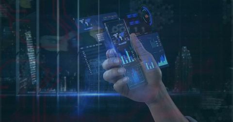 Futuristic holographic display showcasing data analytics in urban setting