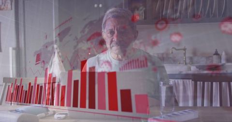 Senior man experiencing pandemic challenges with overlayed data