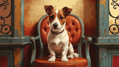 Terrier dog relaxing on vintage armchair in cozy parlor