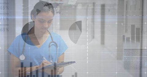 Nurse writing electronic chart on tablet with medical data overlay in hospital corridor
