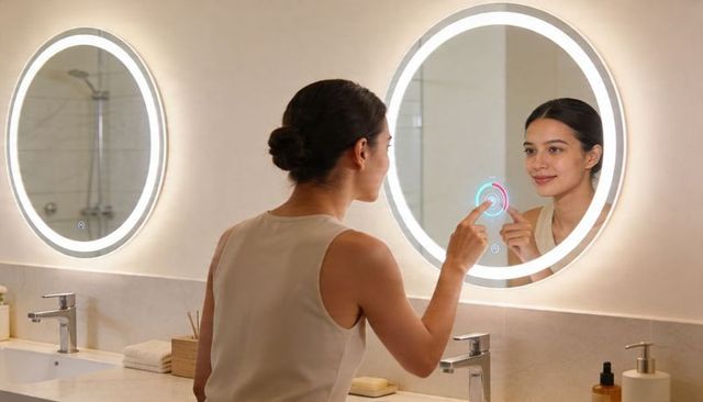 Asian woman interacting with smart led mirror at double vanity, modern skincare routine