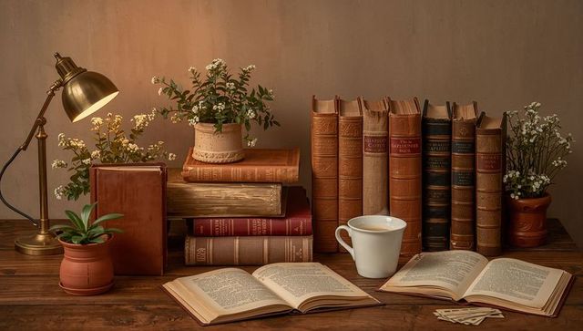 Showcasing vintage leather-bound books and open pages with brass lamp, white mug, plants