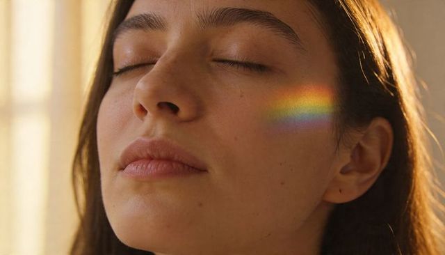 Young woman closing eyes with rainbow prism on cheek serene warm sunlit portrait
