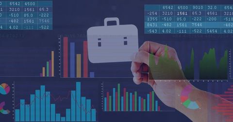 Female hand tapping digital briefcase icon on analytics dashboard with charts and graphs