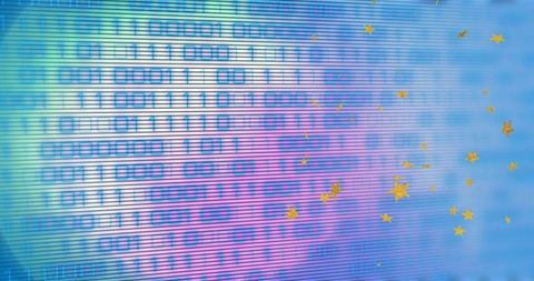Holographic binary data streaming across neon display with gold stars and scan lines
