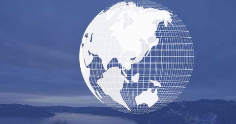 White Wireframe Globe Over Coastal Water Highlighting Asia Australia Futuristic Grid