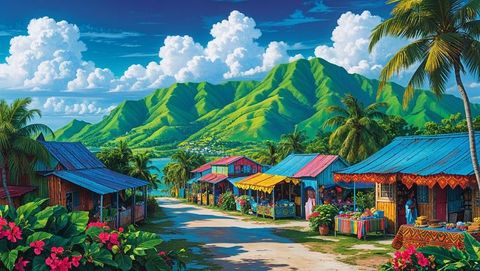 Vibrant tropical haiti market with colorful huts and scenic background