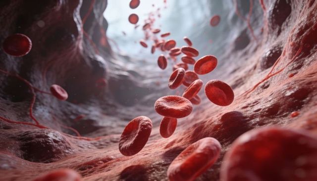 Flowing red blood cells in microvessel with textured endothelium, backlit microscopic view