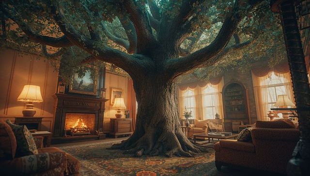 Grandiose tree inside luxurious living room with fireplace