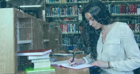 Student Studying Science with Chemical Formulas Superimposed in Library