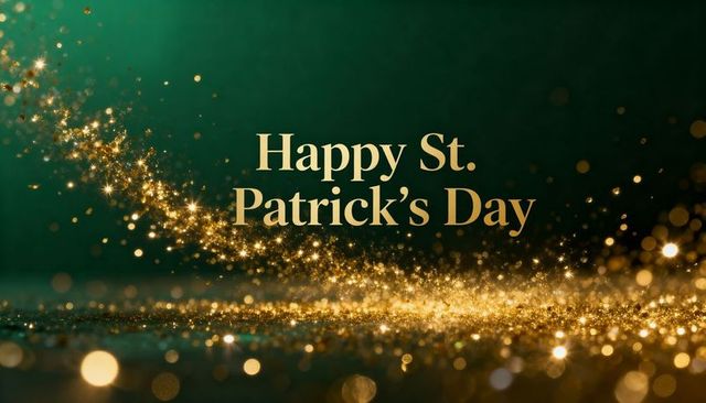 Elegant st patrick's day greeting featuring gold glitter trail on emerald background