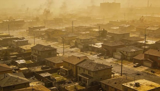 Suburban homes sitting in orange haze over grid streets with smog, roofs and power poles