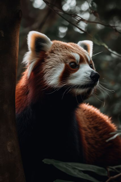 Red panda standing amidst dense foliage in a forest environment. Its bushy tail and striking reddish-brown fur are clearly visible, drawing focus to the uniqueness and beauty of this endangered species. Ideal for use in educational materials, conservation campaigns, wildlife blogs, and nature-themed publications.