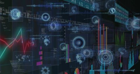Displaying futuristic financial HUD with neon analytics, candlestick charts, streaming data