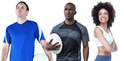 Diverse Athletes Holding Rugby Balls on Transparent Background