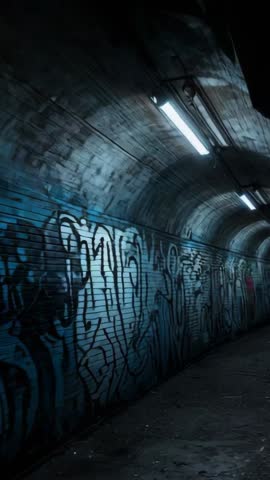 Gliding Through Graffiti-Lined Underpass with Flickering Fluorescent Lights - Vertical Video