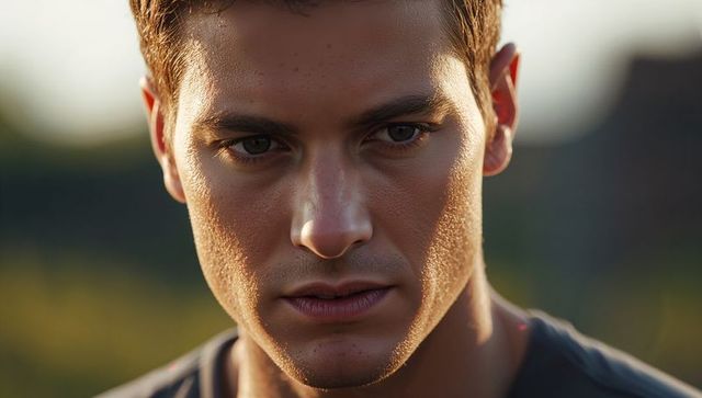Intense young man gazing downward close-up portrait during golden hour outdoors with stubble