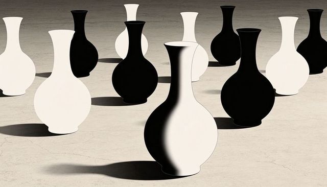 Monochrome vases casting long shadows on cracked concrete, repeating geometric silhouettes