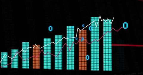 Neon digital analytics dashboard showing pixel bar chart with line trends and binary accents