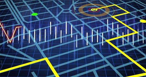 Digital map with navigation routes and data overlay