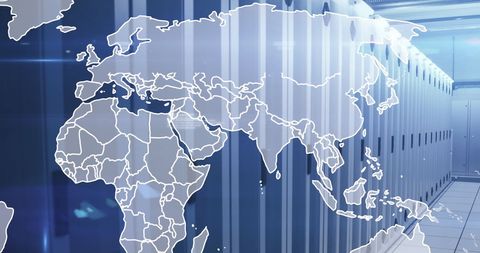 Global networking concept with map and server room