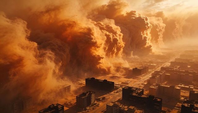 Amber sandstorm sweeping over urban district, towering dust clouds engulfing city