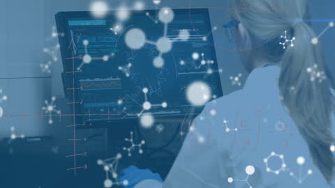 Female Scientist Analyzing Data on Computer with Scientific Graphics Overlay