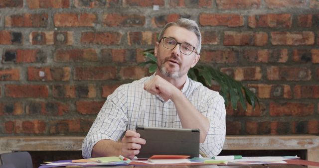 Mature Man Using Digital Tablet at Office with Paperwork - Download Free Stock Images Pikwizard.com