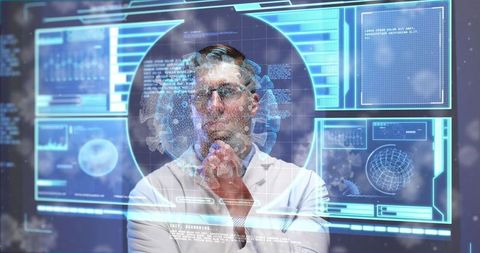Doctor analyzing covid-19 data with futuristic interface
