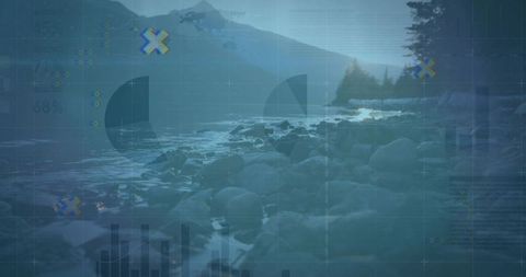 Mountain lake with data overlays and flowing water