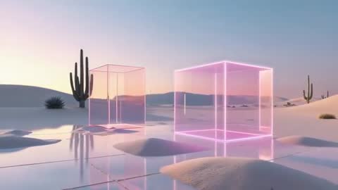 Futuristic Neon Wireframe Cubes in Desert Landscape at Dawn