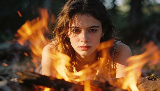 Young woman leaning over campfire gazing through flames at dusk forest closeup
