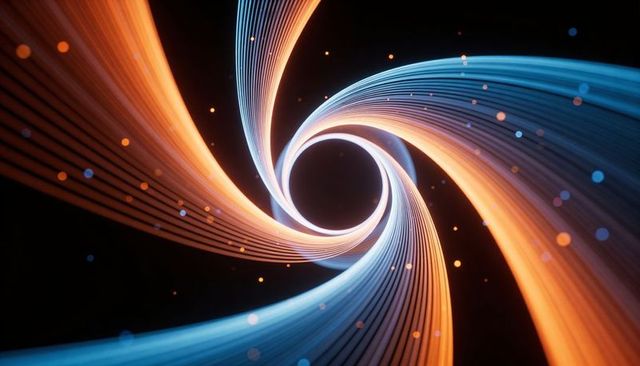 Swirling orange blue light vortex with striated ribbons and bokeh particles for tech science design