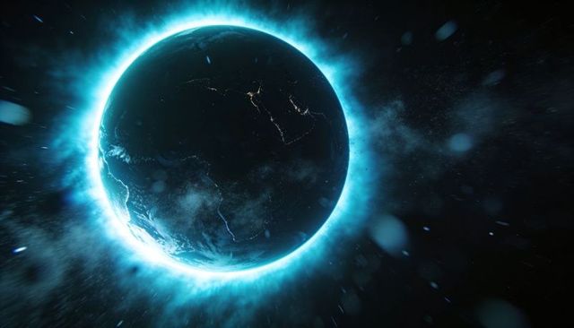 Glowing Earthlike Planet Showing Nightside City Lights from Orbit with Cyan Halo