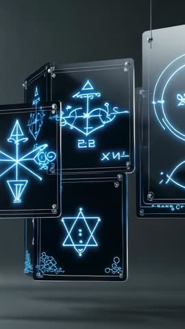 Suspended Rotating Panels Revealing Glowing Blue Symbols in Futuristic Vertical Studio Video