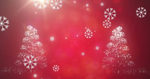 Digital Christmas Trees with Falling Snowflakes on Red Background
