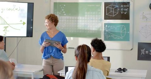 Female Teacher Using Tablet Leading Interactive Math Lesson with Student Laptops