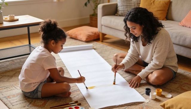 Mother and daughter painting together on long paper roll in cozy living room