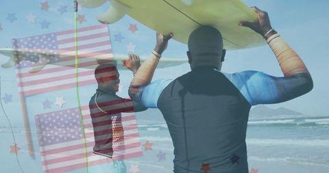 Father and Son Surfing at Beach with American Flag Overlay