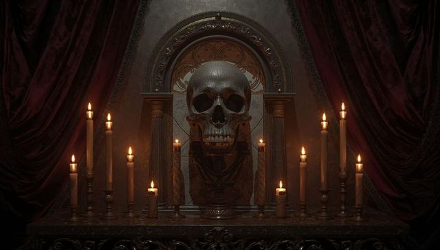 Gothic altar with skull and candles in mysterious ritual ambiance