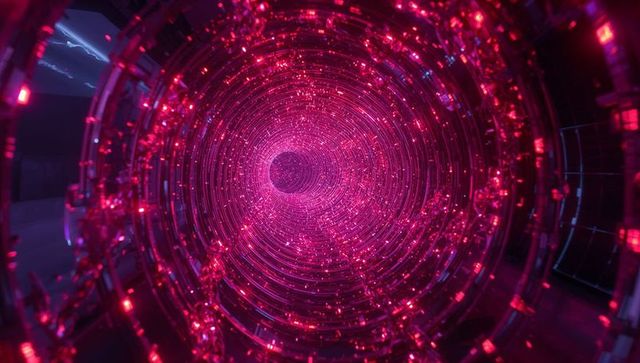 Sci-fi tunnel with glowing pink and red light particles