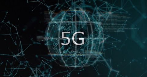 5g technology abstract network with wireframe globe and glowing nodes