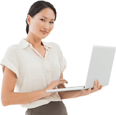 Asian businesswoman using laptop on transparent background