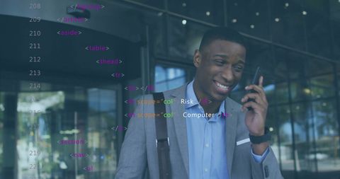 Businessman engaged in phone discussion amid digital overlay