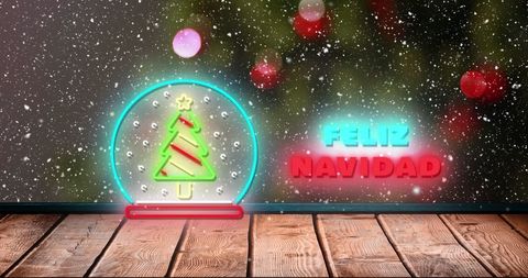 Festive Feliz Navidad Neon Sign and Snow Globe on Wooden Table