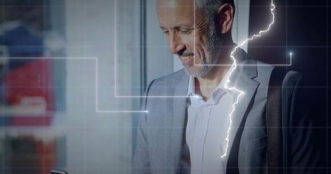 Senior Businessman Networking with Digital Overlay in Corporate Environment