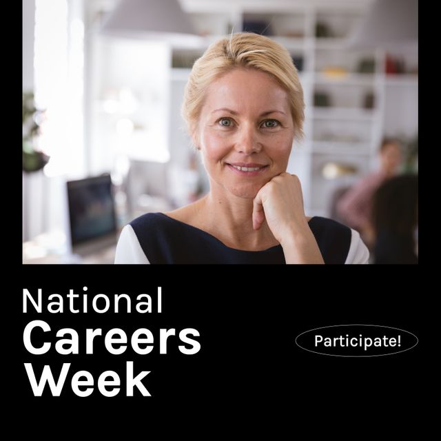 A smiling professional woman in an office environment promoting National Careers Week. Use for content related to career advice, professional development events, job fairs, career counselling, workplace motivation, and event participation.